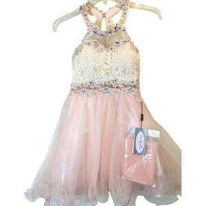Cinderella Couture Girl size 14 Blush Pink Lace Rhinestone Formal Pageant Glam